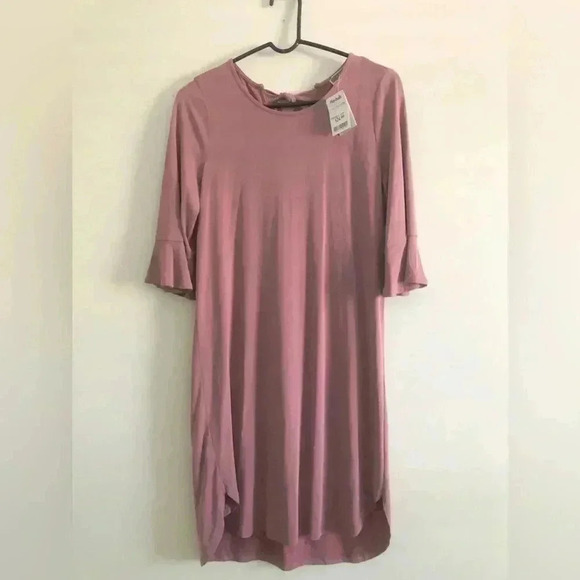 Pleione Shift Dress Bell Ruffle Sleeve,high low, Back knot detail,stretch,light - Picture 1 of 12